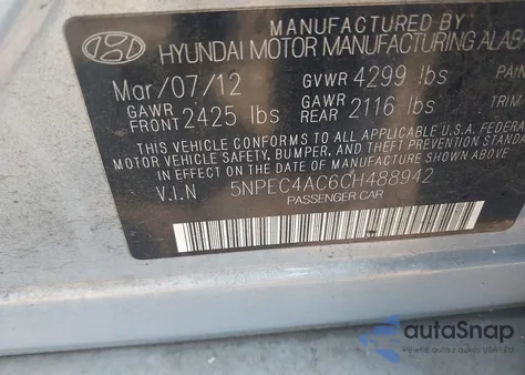 2012 Hyundai Sonata Limited z USA, uszkodzony, nr VIN 5NPEC4AC6CH488942